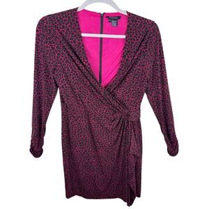 Etcetera Pink Black Faux Wrap Long Ruched Sleeve Knee Length Stretchy Dress 14